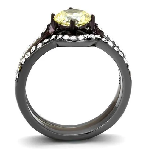 IP Light Black (IP Gun) & IP Dark Brown (IP coffee) Stainless Steel Ring with AAA Grade CZ in Citrine Yellow for Women Style TK1346DC