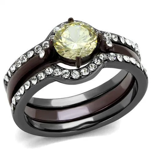 IP Light Black (IP Gun) & IP Dark Brown (IP coffee) Stainless Steel Ring with AAA Grade CZ in Citrine Yellow for Women Style TK1346DC