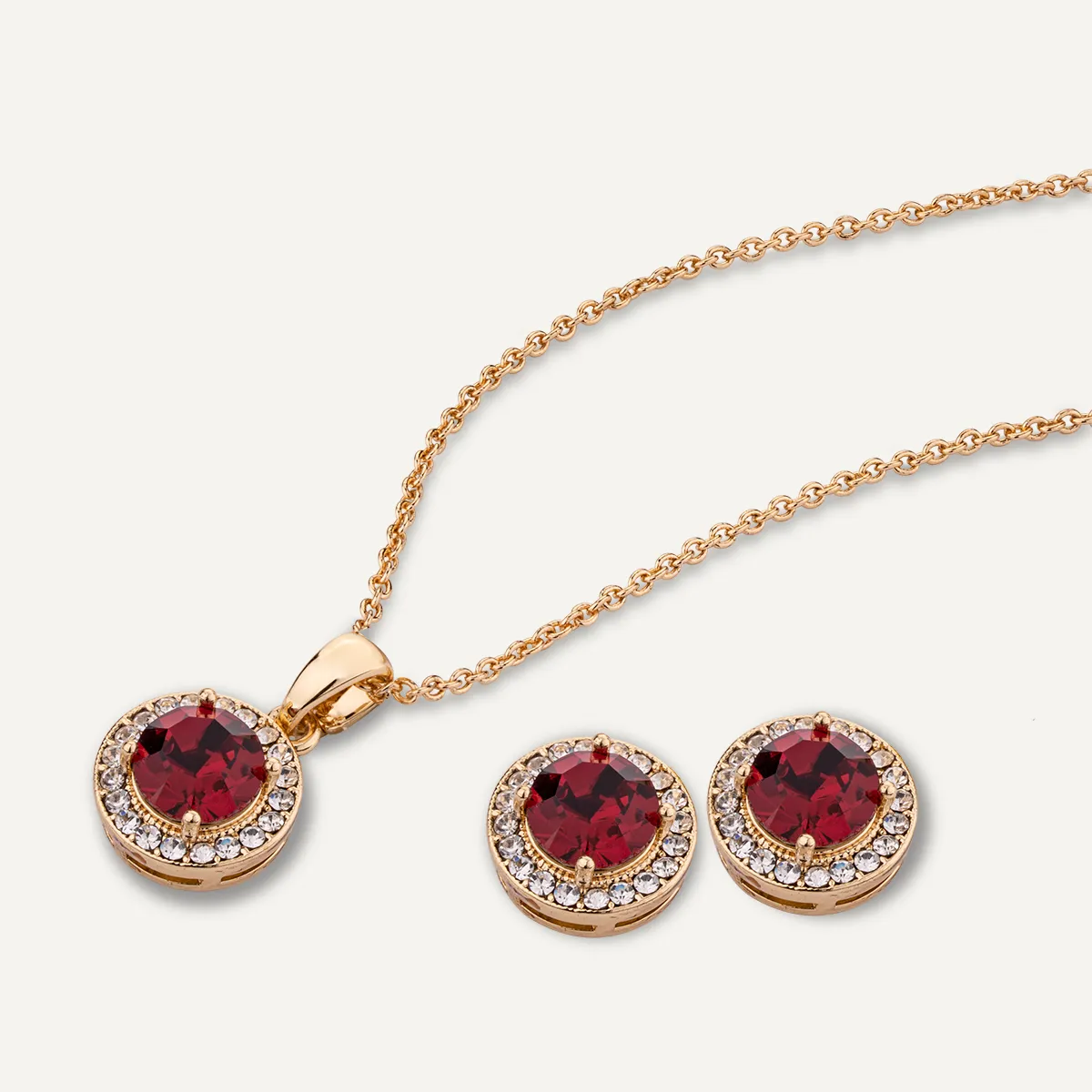 July Ruby-Colour Birthstone Necklace & Earring Set In Gold-Tone