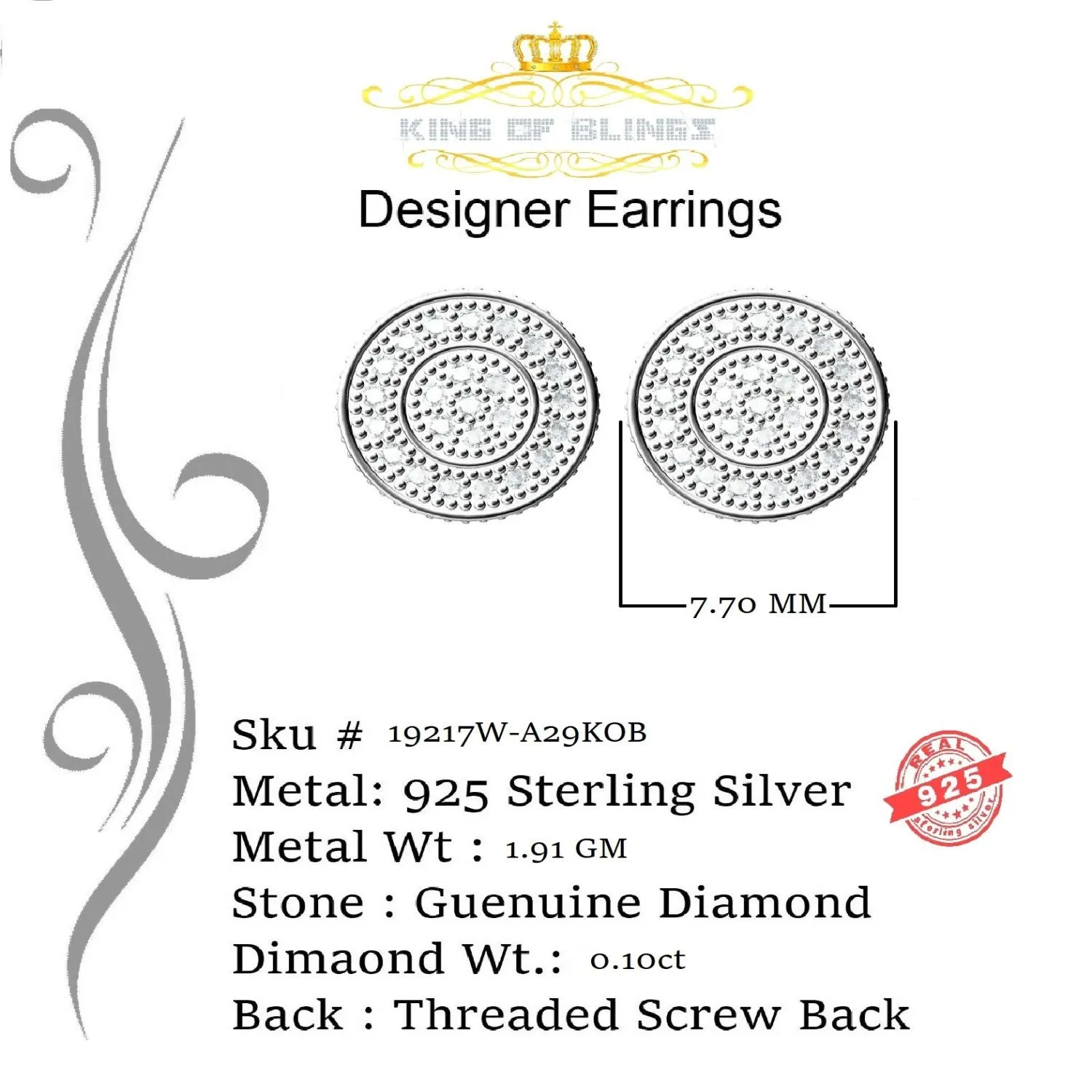 King Of Bling's 0.10ct Diamond 925 Sterling Silver White For Men's / Women's Round Style Earring