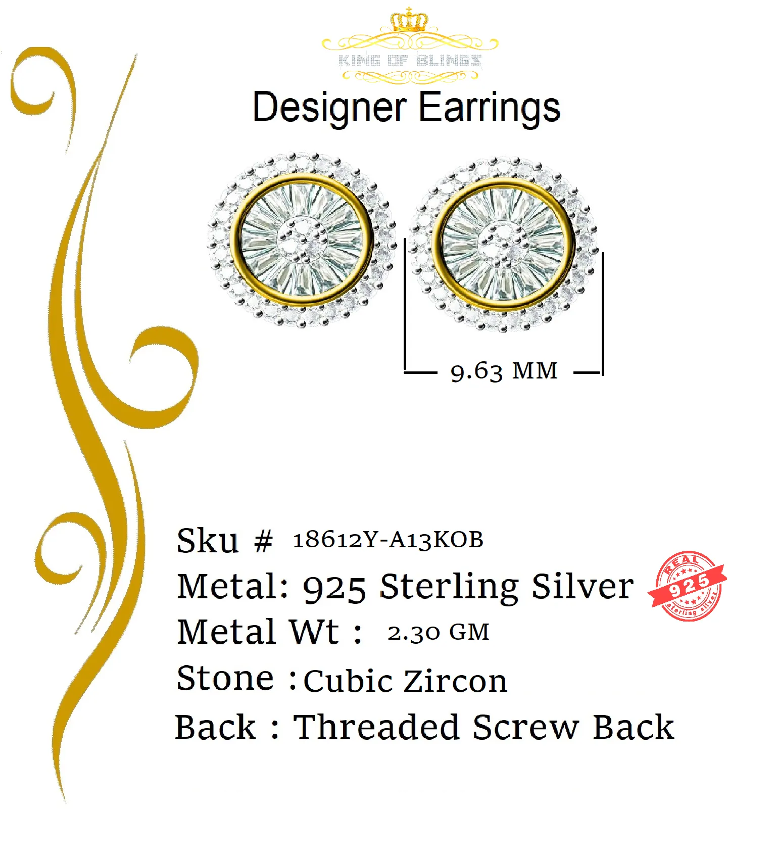 King of Bling's 0.52ct Cubic Zirconia 925 Yellow Silver Women's & Men's Hip Hop Round Earrings