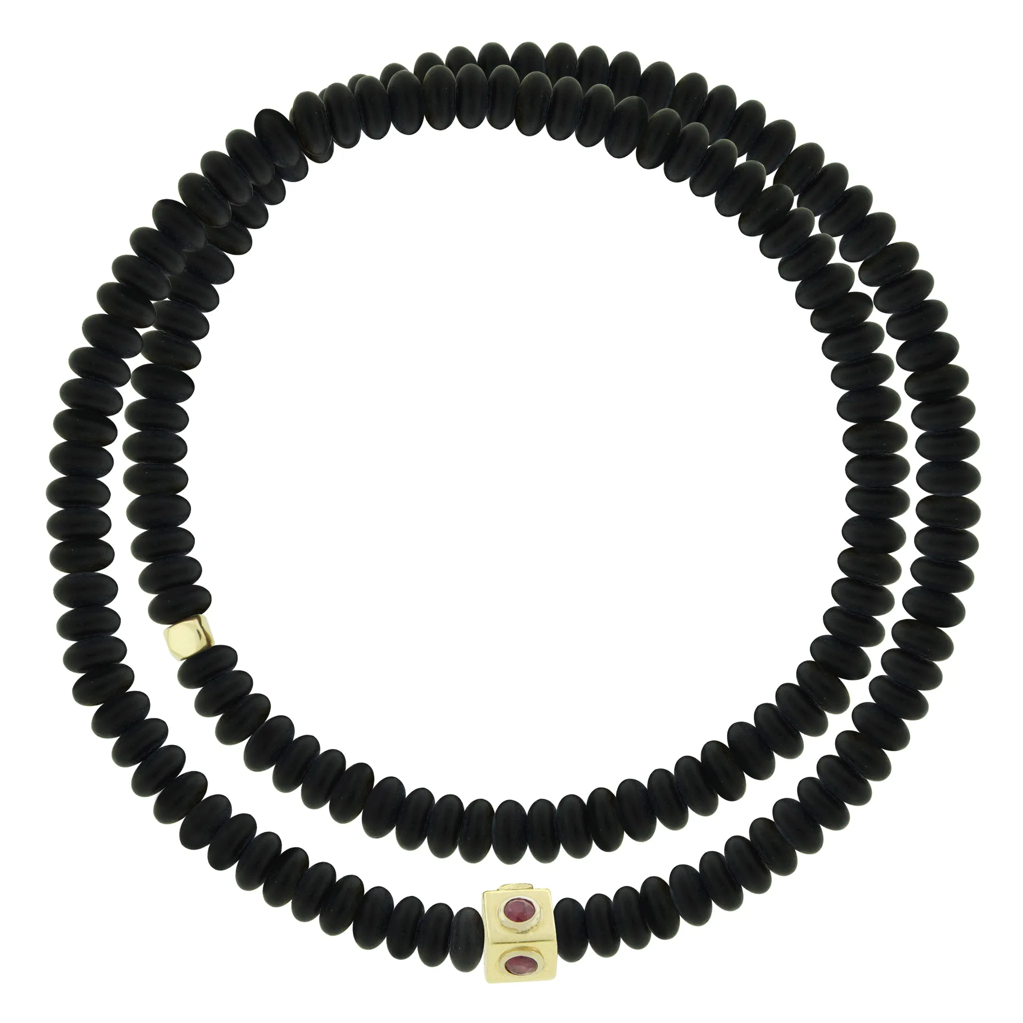 Lego Cube with Rubies on Double Wrap Onyx Bead Bracelet