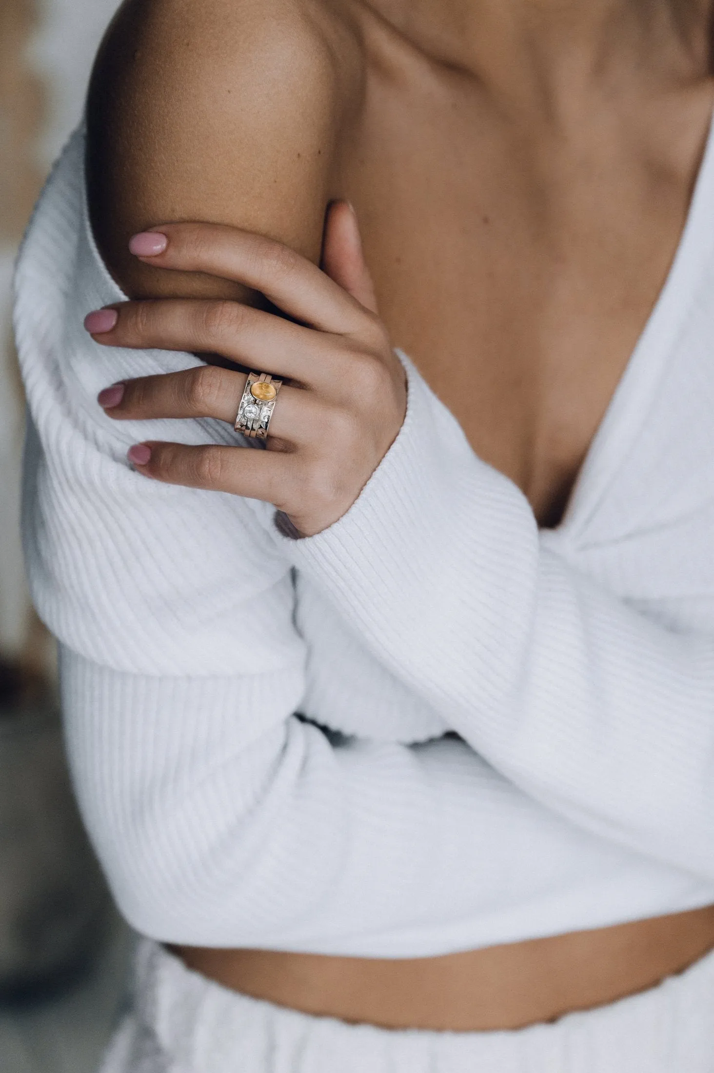 Mechanism Ring with Oval Cabochon Citrine and White Topaz