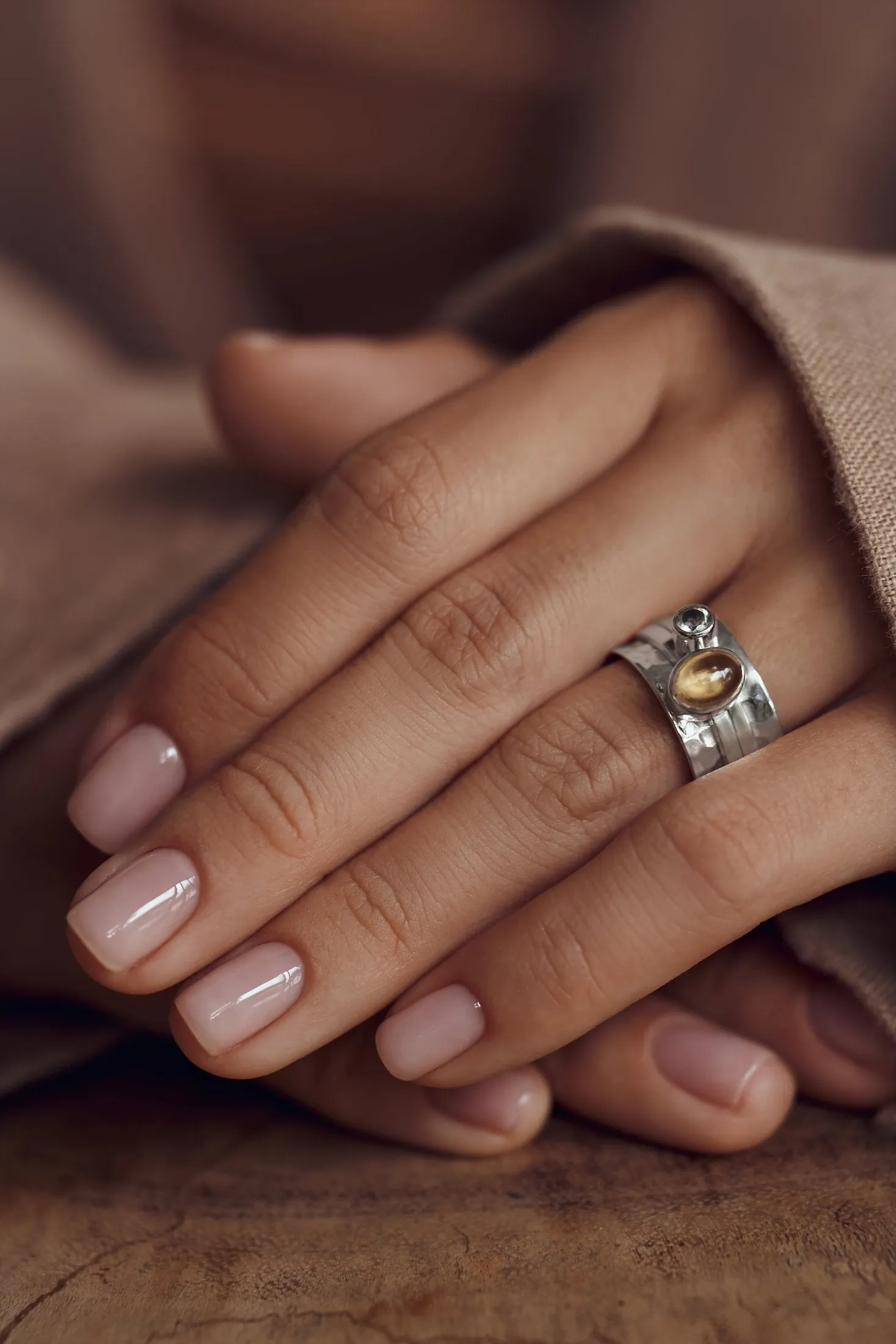 Mechanism Ring with Oval Cabochon Citrine and White Topaz
