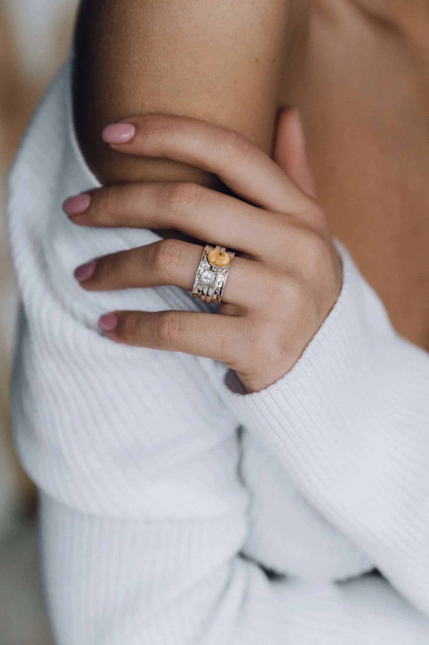 Mechanism Ring with Oval Cabochon Citrine and White Topaz