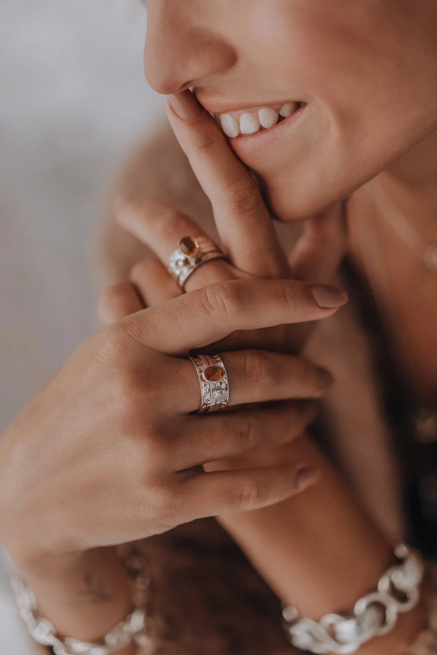 Mechanism Ring with Oval Cabochon Citrine and White Topaz