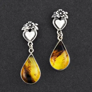 Mexican Silver and Amber Milagros Drop Earrings