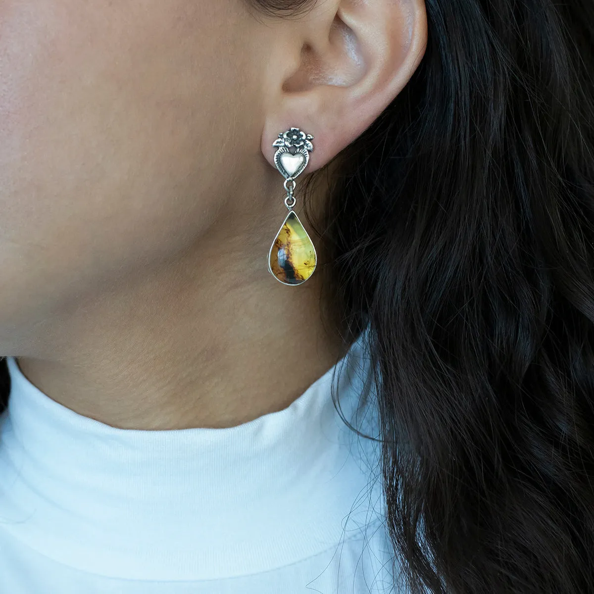 Mexican Silver and Amber Milagros Drop Earrings