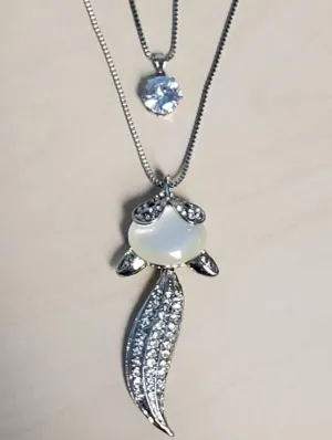 N1399 Silver Moonstone Rhinestone Fox Necklace with FREE Earrings