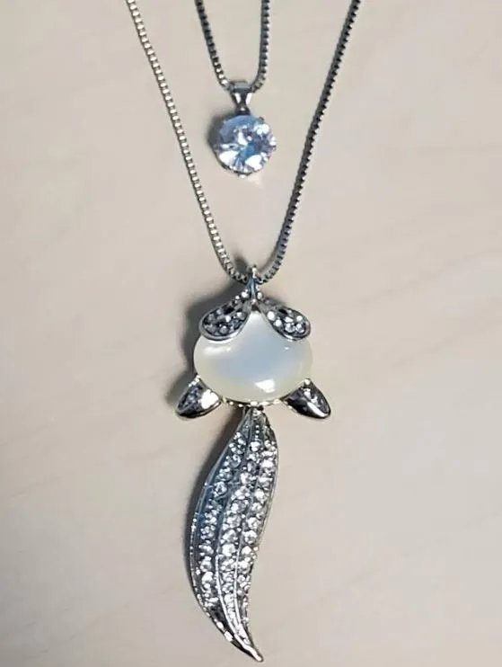 N1399 Silver Moonstone Rhinestone Fox Necklace with FREE Earrings