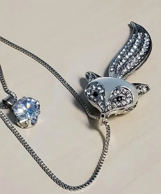 N1399 Silver Moonstone Rhinestone Fox Necklace with FREE Earrings