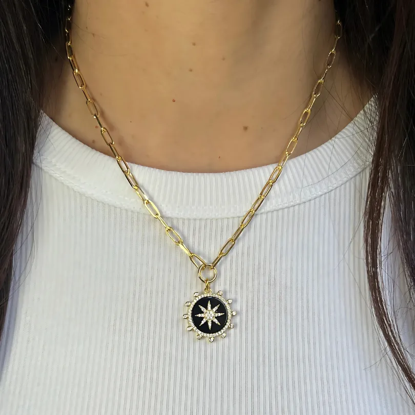 PAPERCLIP CHAIN   ROUND GEMSTONE CHARM NECKLACE