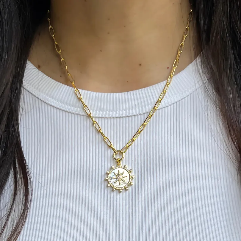 PAPERCLIP CHAIN   ROUND GEMSTONE CHARM NECKLACE
