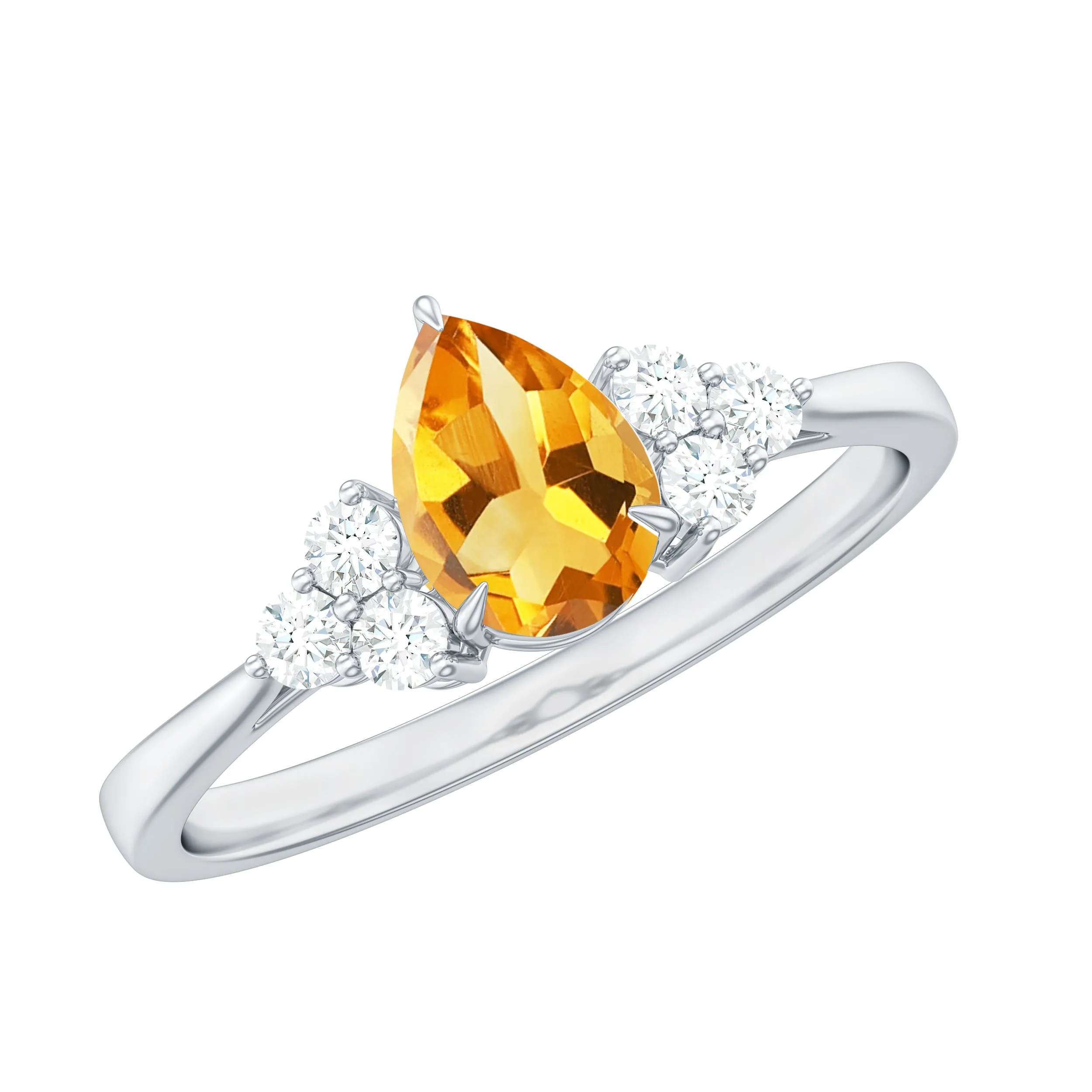 Pear Cut Real Citrine Solitaire Ring with Diamond Trio