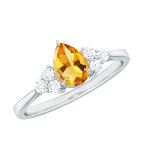 Pear Cut Real Citrine Solitaire Ring with Diamond Trio