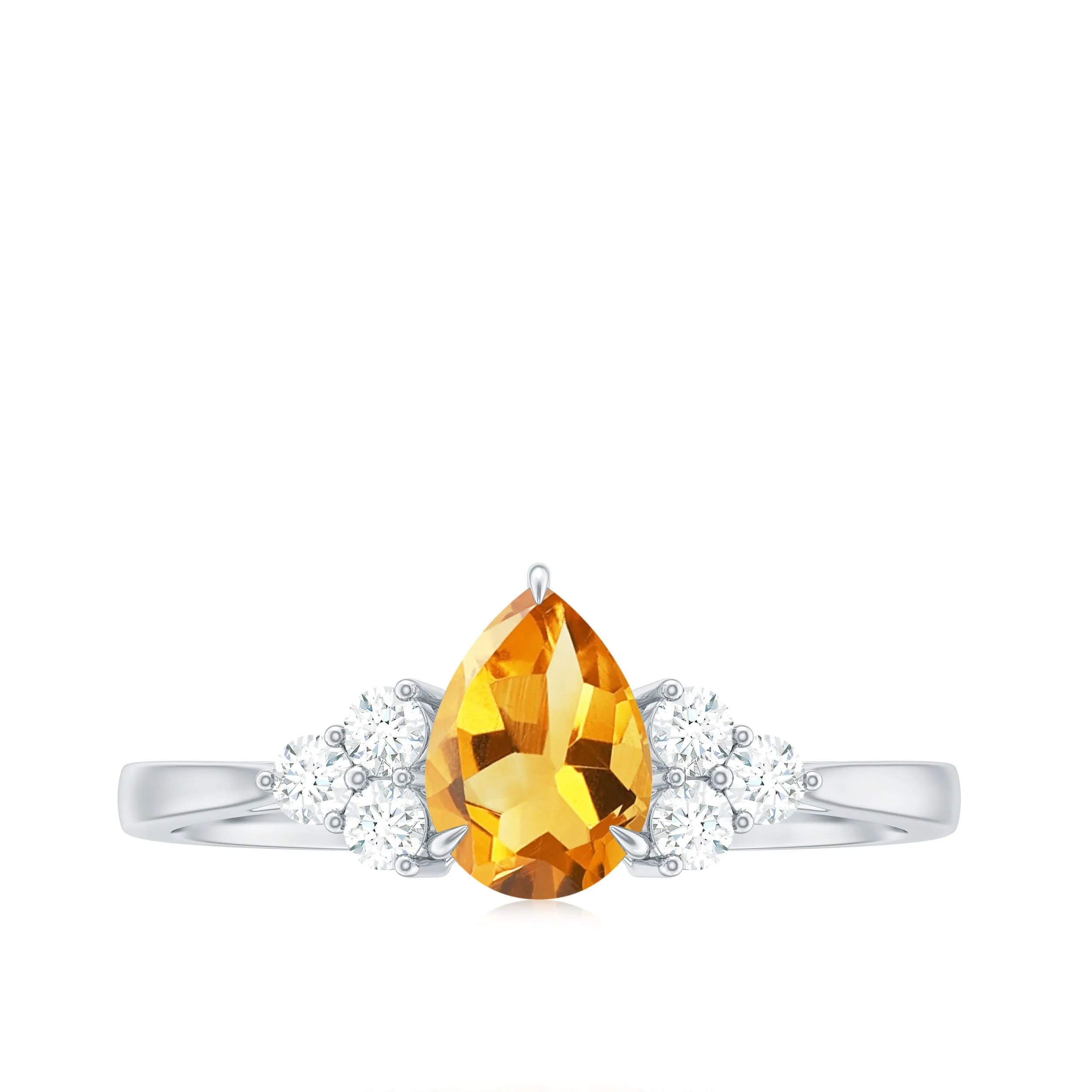 Pear Cut Real Citrine Solitaire Ring with Diamond Trio