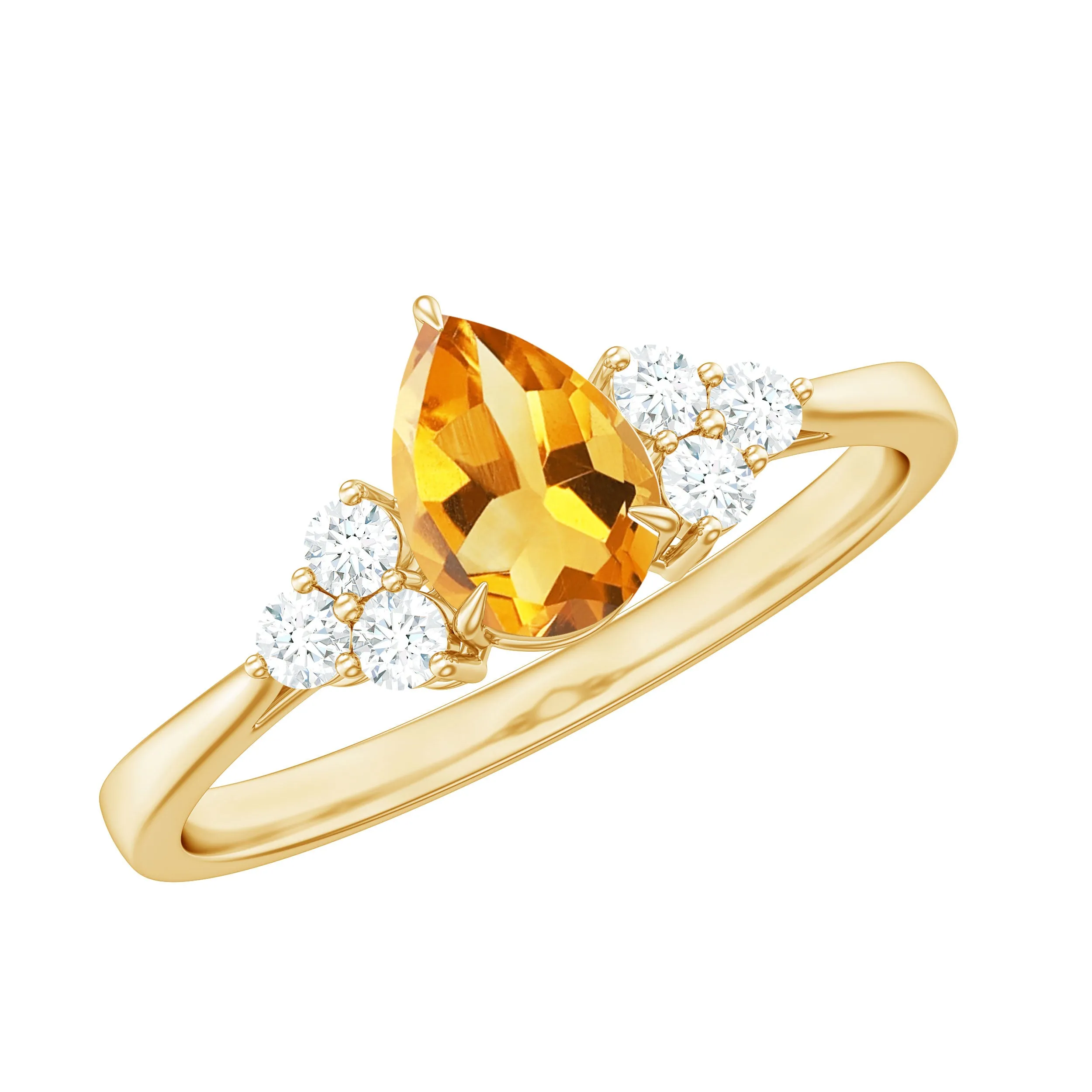 Pear Cut Real Citrine Solitaire Ring with Diamond Trio
