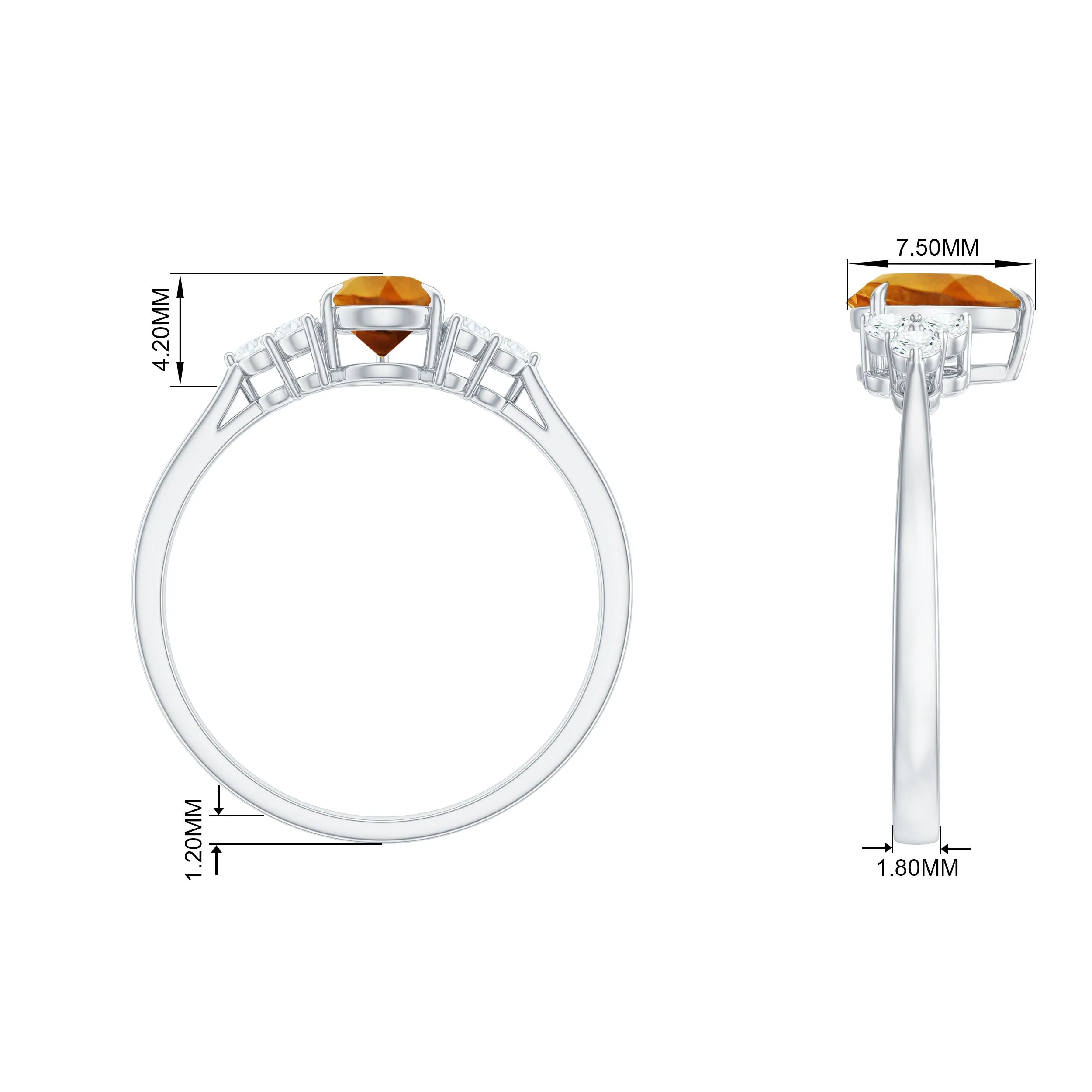 Pear Cut Real Citrine Solitaire Ring with Diamond Trio