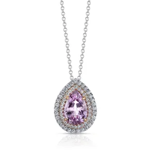 Pear-Shape Padparadsha and Diamond Halo Pendant Necklace