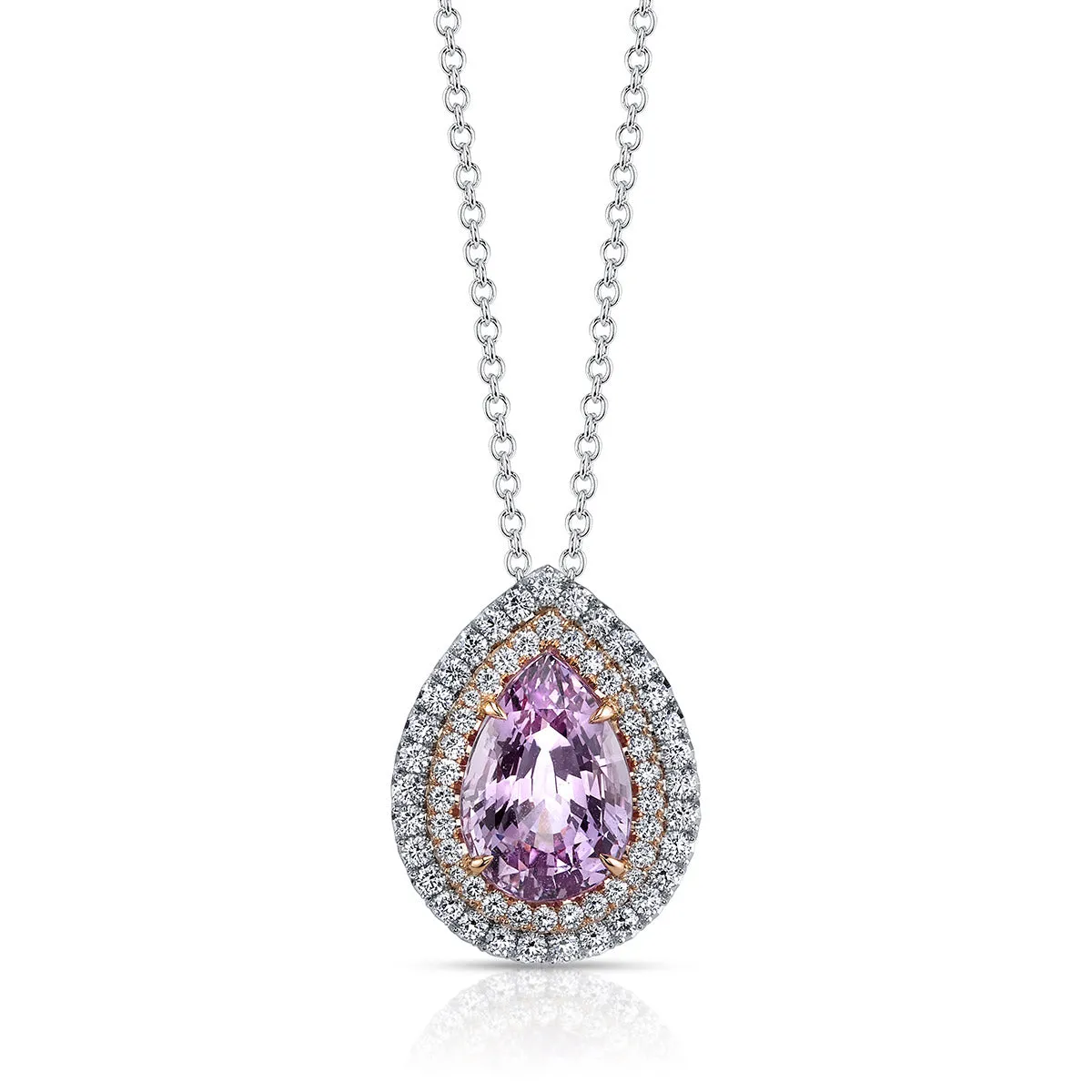 Pear-Shape Padparadsha and Diamond Halo Pendant Necklace