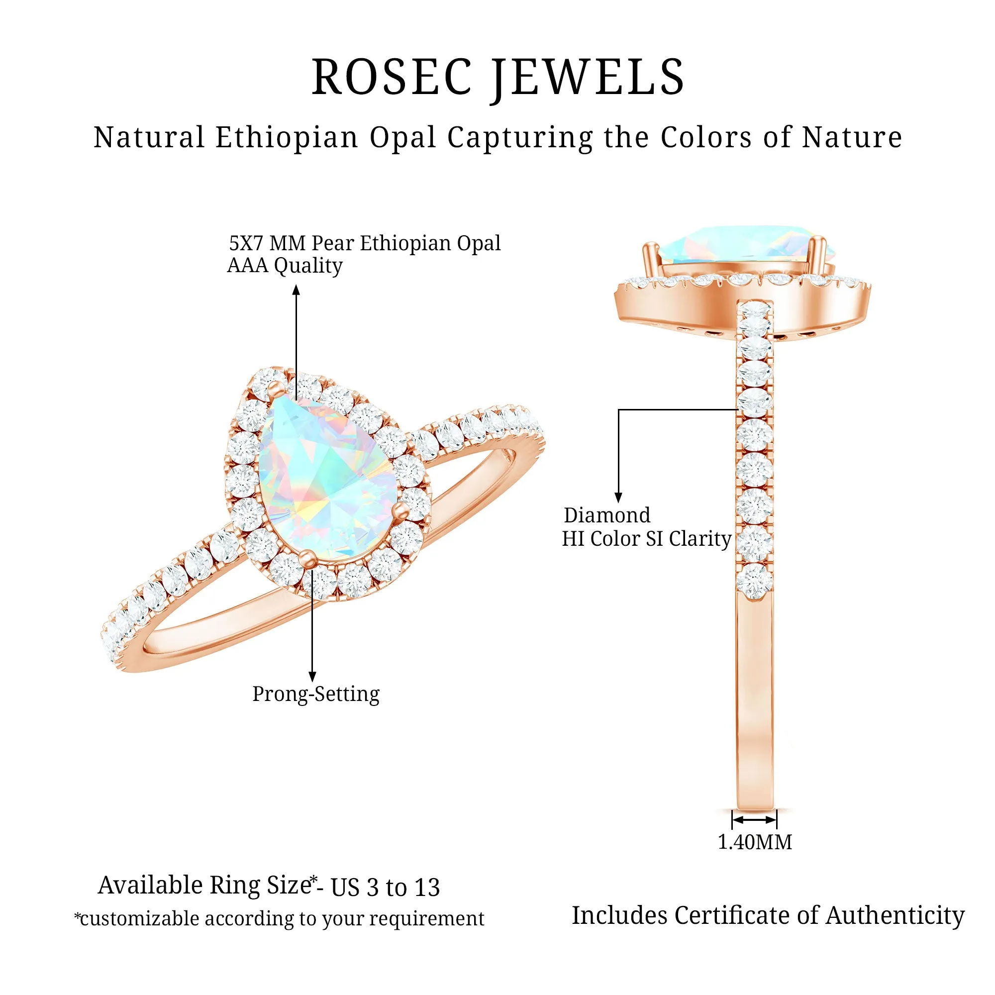 Pear Shaped Ethiopian Opal Halo Engagement Ring with Diamond