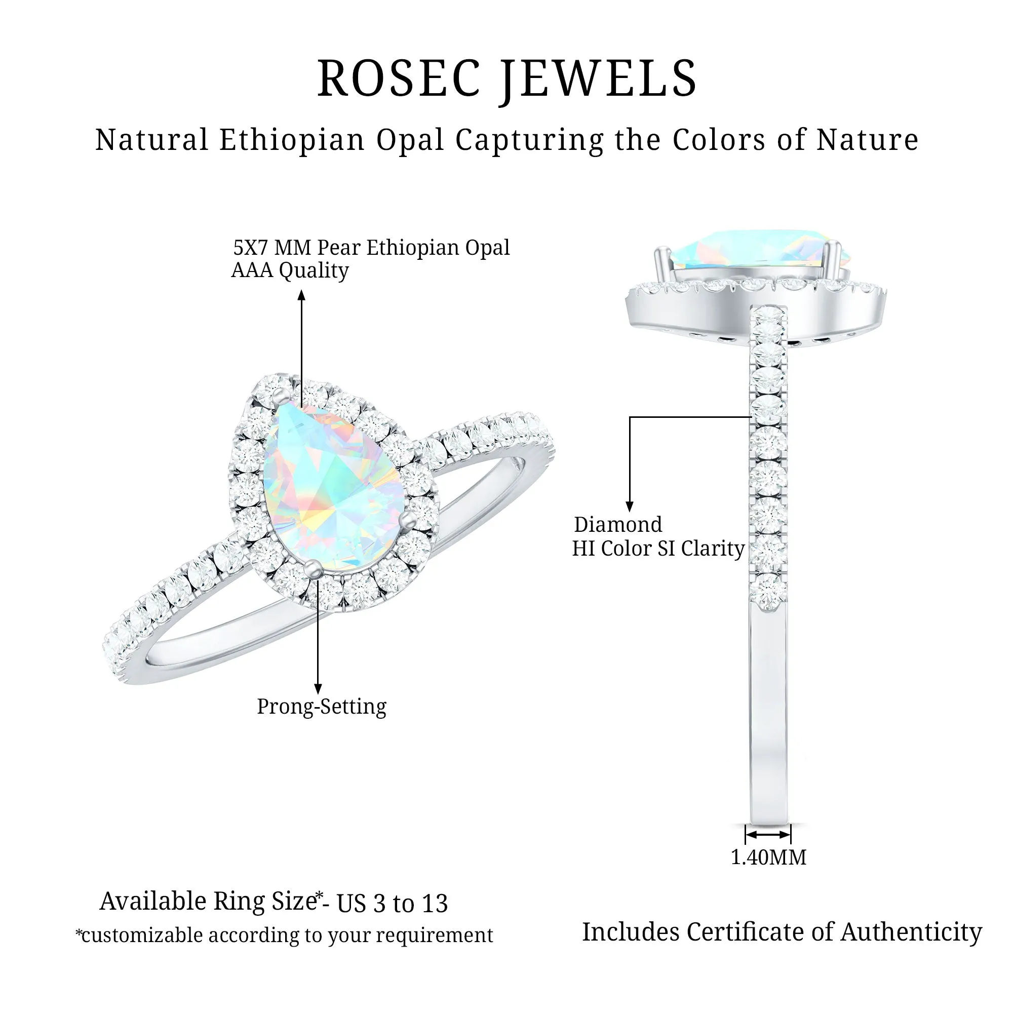 Pear Shaped Ethiopian Opal Halo Engagement Ring with Diamond