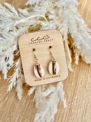 Gold Rimmed Pearl Cowrie Shell Drop Earrings