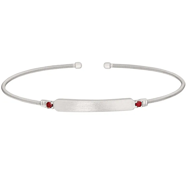 Rhodium Finish Sterling Silver Cable Cuff Bracelet with Name Plate and Simulated Ruby Birth Gems - July