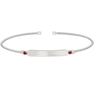 Rhodium Finish Sterling Silver Cable Cuff Bracelet with Name Plate and Simulated Ruby Birth Gems - July