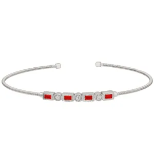 Rhodium Finish Sterling Silver Cable Cuff Bracelet with Simulated Ruby and Simulated Diamonds