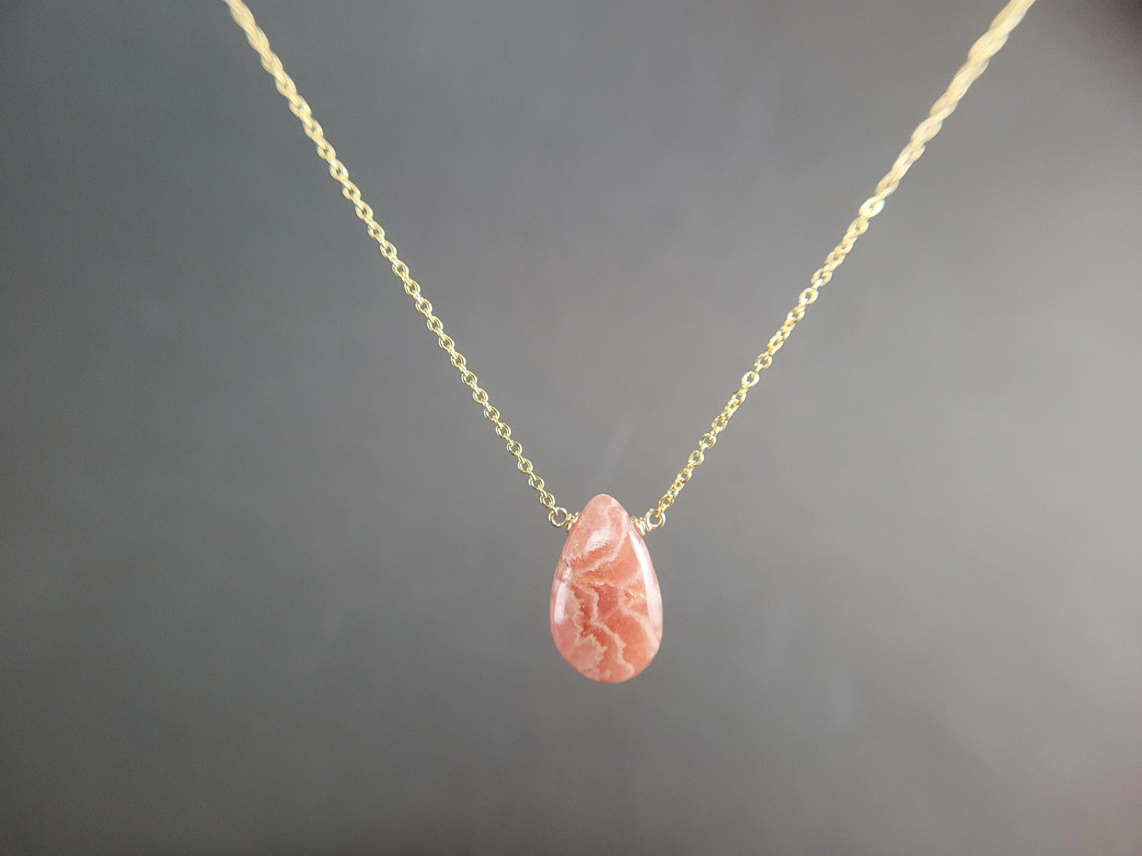 Rhodochrosite Pear Pendant Necklace
