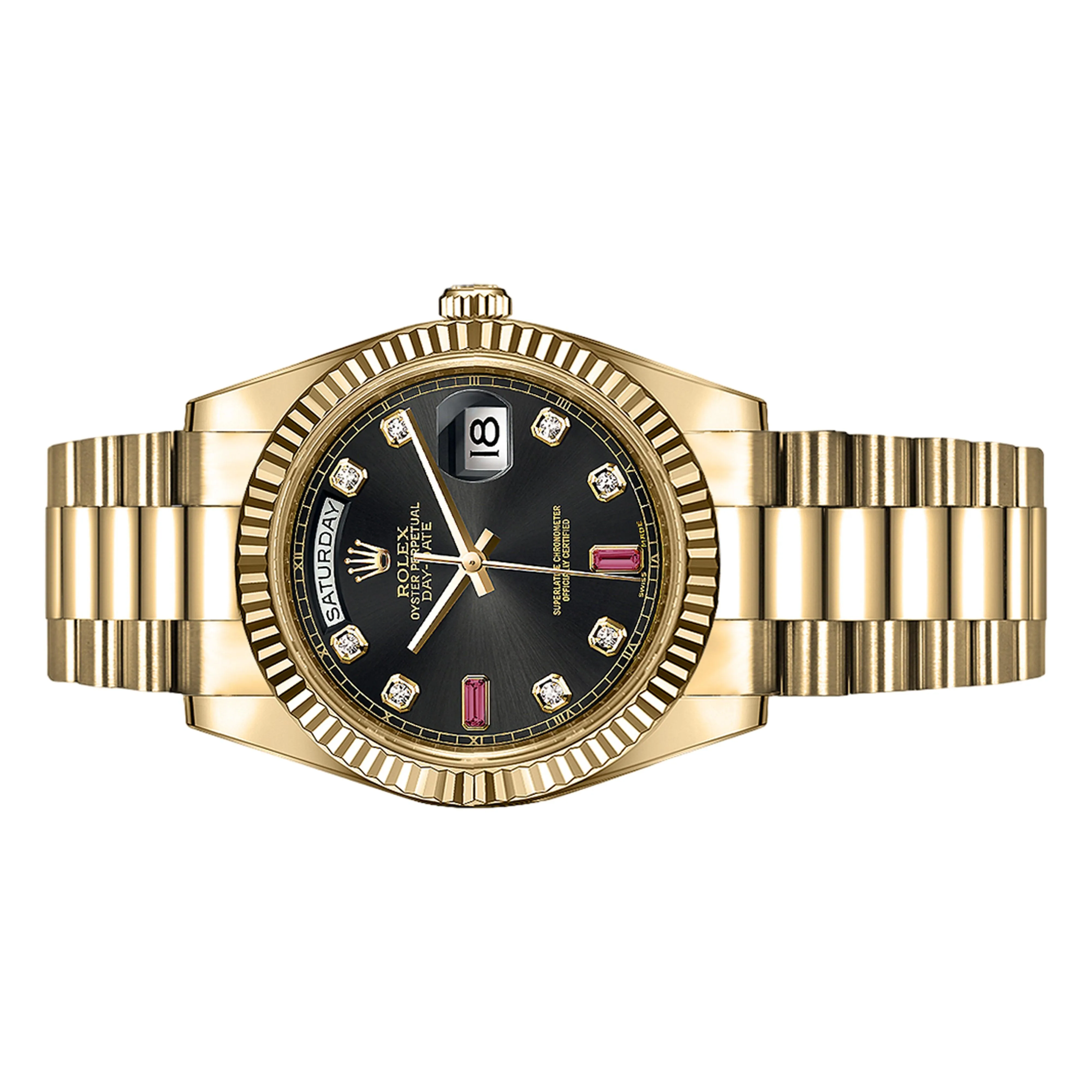 Rolex Day Date 36mm 118238 Yellow Gold, Black Diamond with Two Baquette-shaped Ruby Dial, Worn