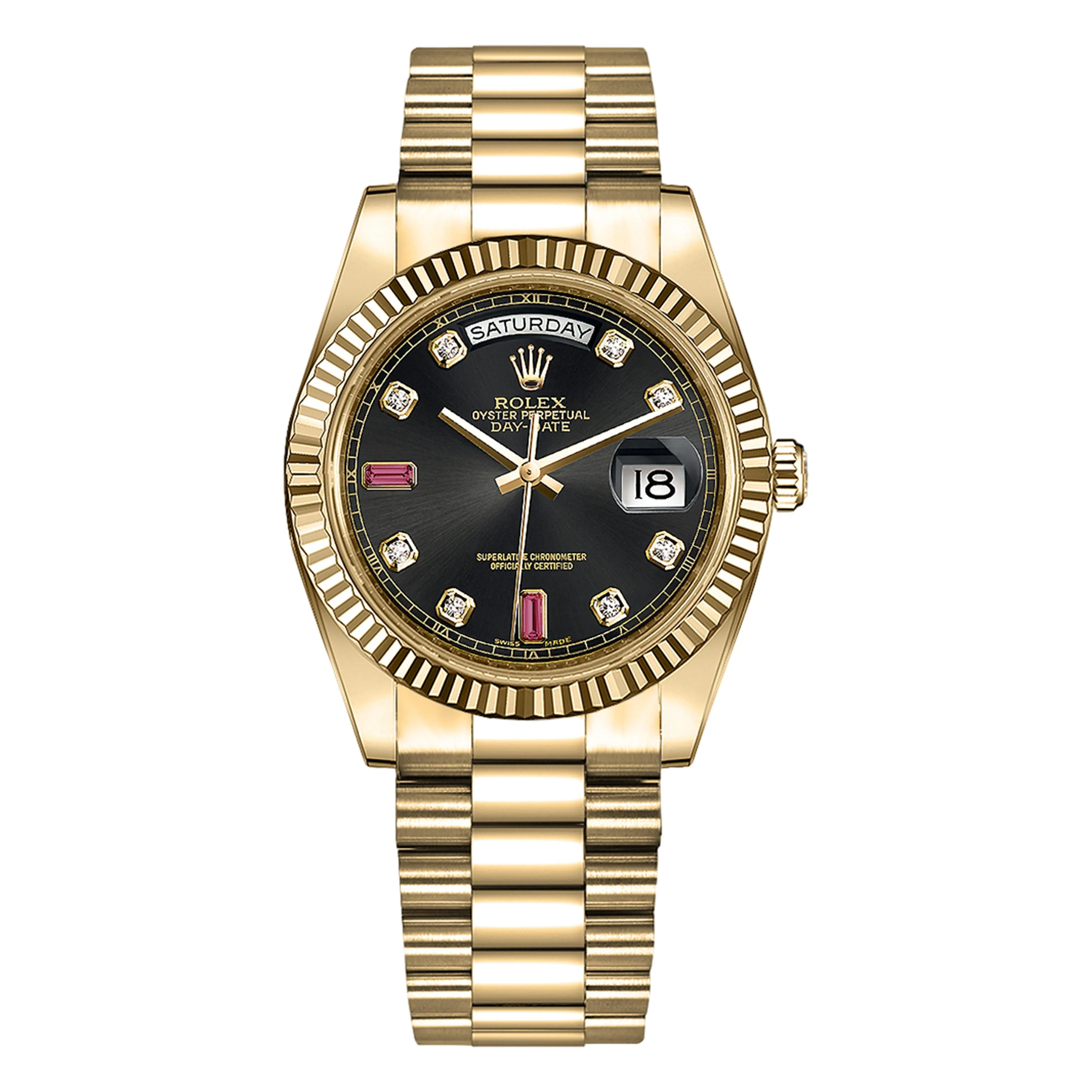 Rolex Day Date 36mm 118238 Yellow Gold, Black Diamond with Two Baquette-shaped Ruby Dial, Worn