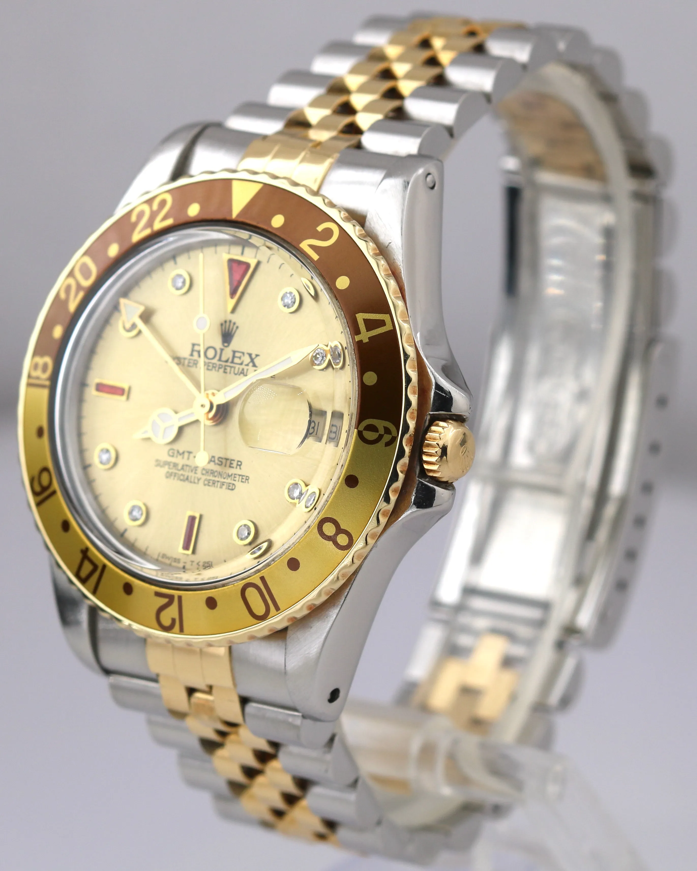 Rolex GMT-Master ROOT BEER Brown CHAMPAGNE DIAMOND 18K Gold Steel JUBILEE 16753