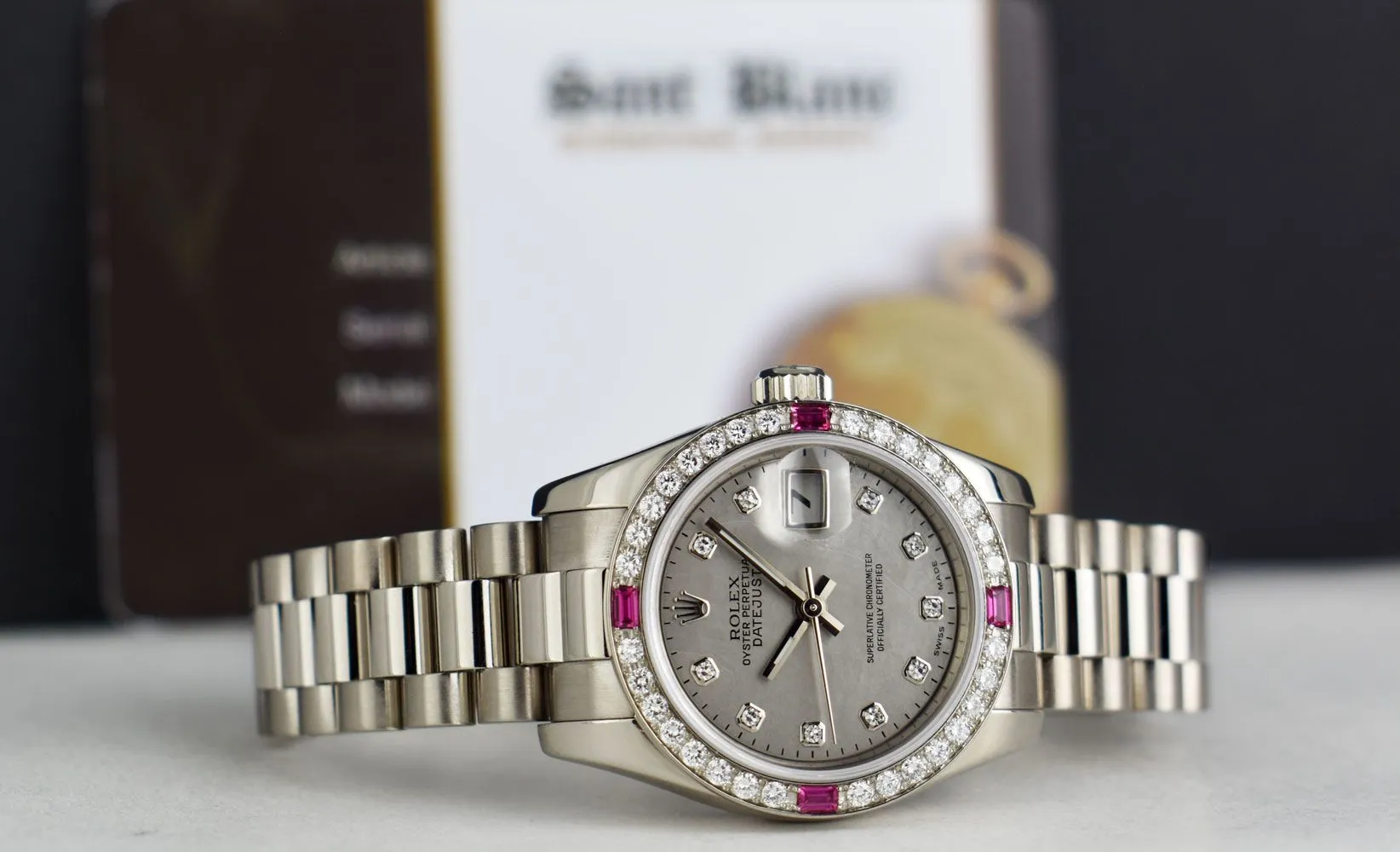 ROLEX Ladies White Gold President Mother of Pearl Dial Diamond Ruby Bezel Model 179179