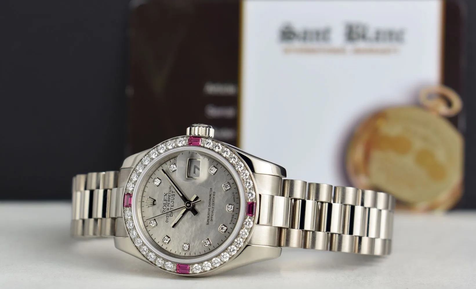 ROLEX Ladies White Gold President Mother of Pearl Dial Diamond Ruby Bezel Model 179179