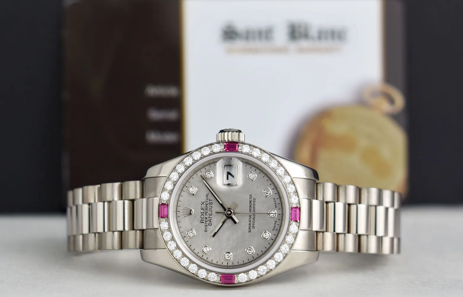 ROLEX Ladies White Gold President Mother of Pearl Dial Diamond Ruby Bezel Model 179179