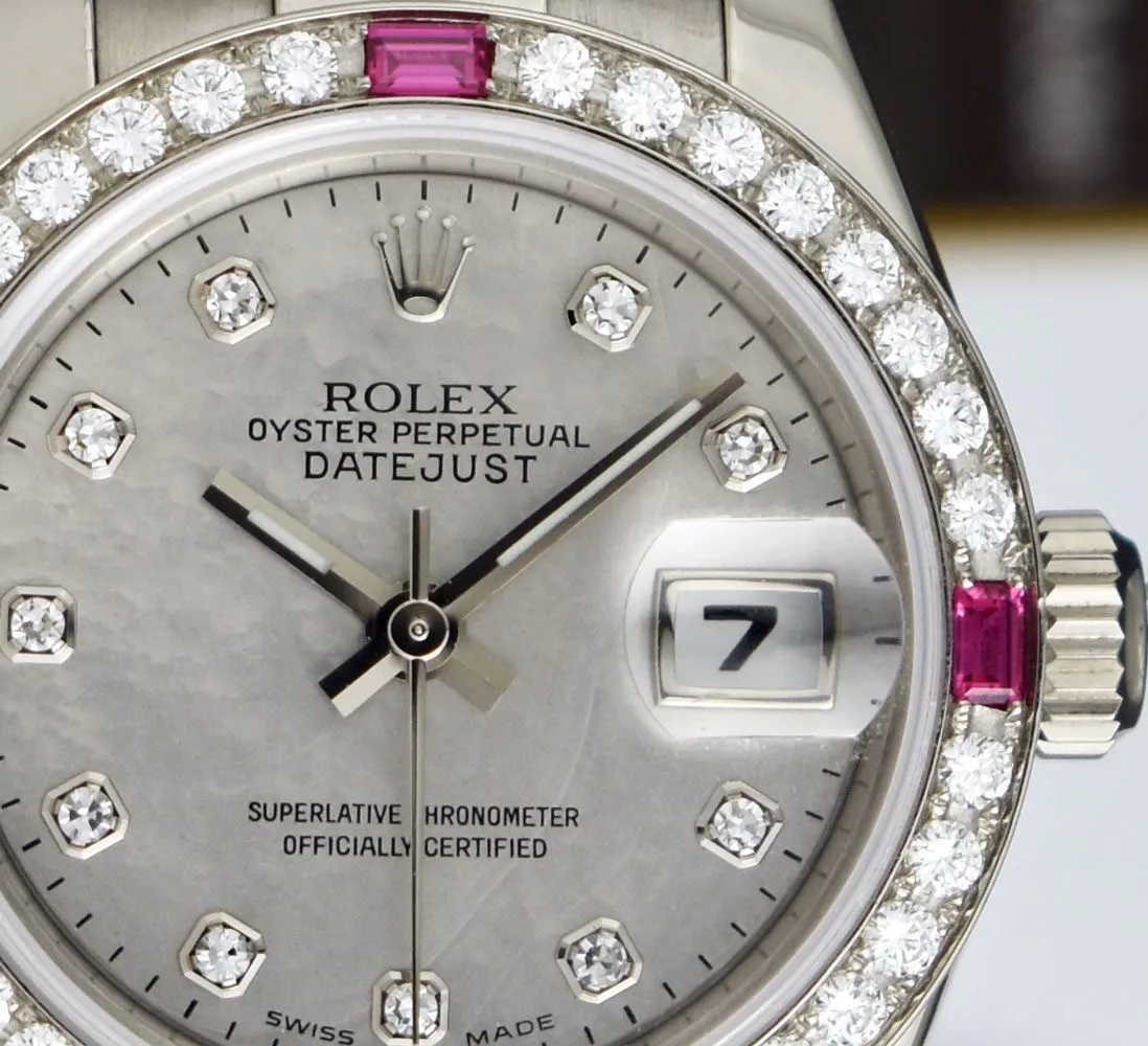 ROLEX Ladies White Gold President Mother of Pearl Dial Diamond Ruby Bezel Model 179179