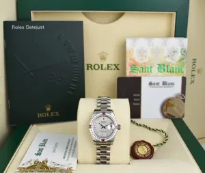 ROLEX Ladies White Gold President Mother of Pearl Dial Diamond Ruby Bezel Model 179179