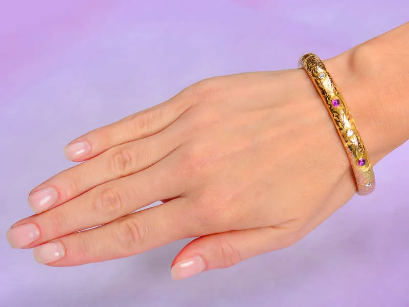 Ruby Engraved Antique Bangle Bracelet