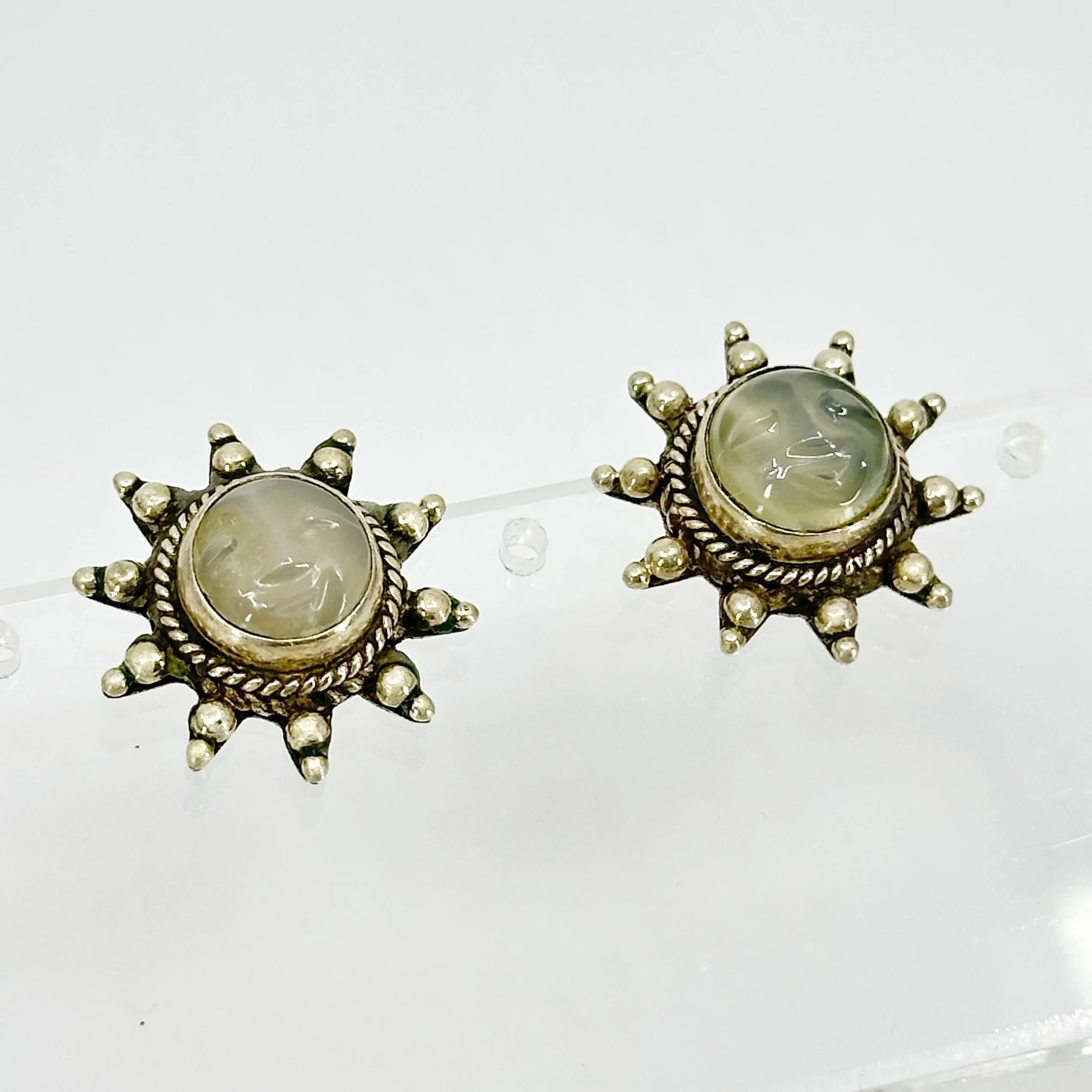 Sajen Sterling silver carved moonstone sun earrings