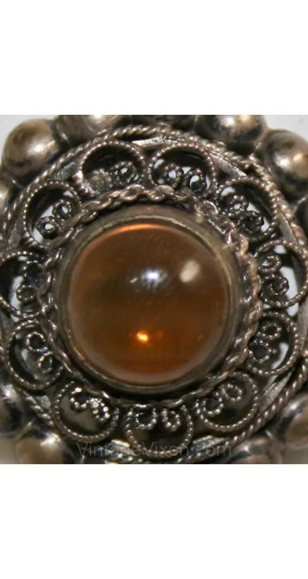 Silver Filigree Earrings - Antique Style Amber Glass Earrings - Made In Italy - Victorian Style - 1940s Deadstock Clip Earrings - 40263