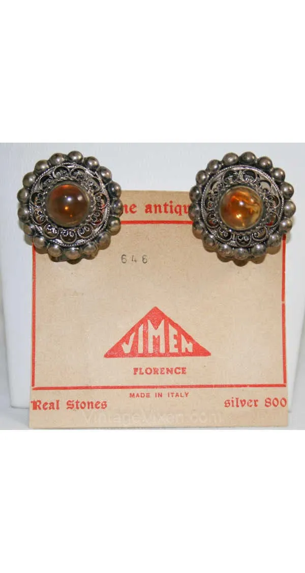 Silver Filigree Earrings - Antique Style Amber Glass Earrings - Made In Italy - Victorian Style - 1940s Deadstock Clip Earrings - 40263