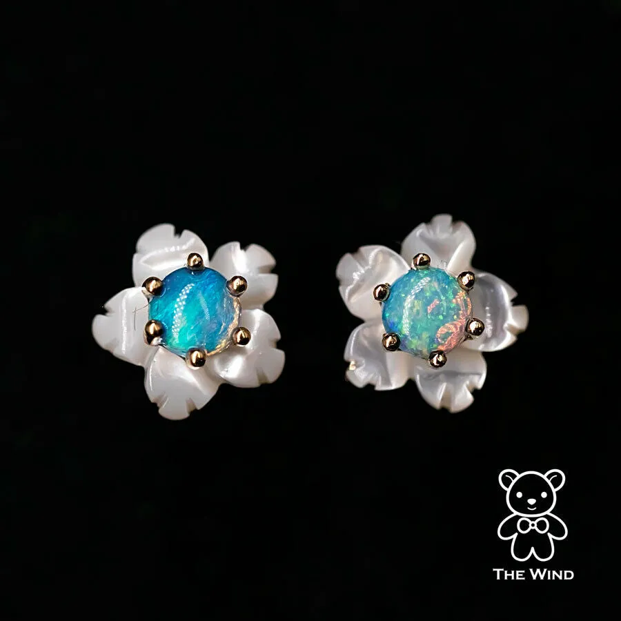 Small Flower Australian Solid Opal & Mother of Pearl Stud Earrings 18K Yellow Gold