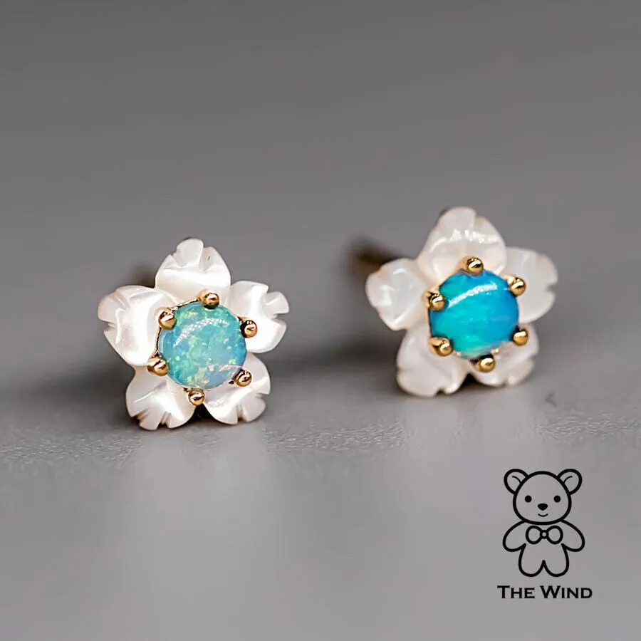 Small Flower Australian Solid Opal & Mother of Pearl Stud Earrings 18K Yellow Gold