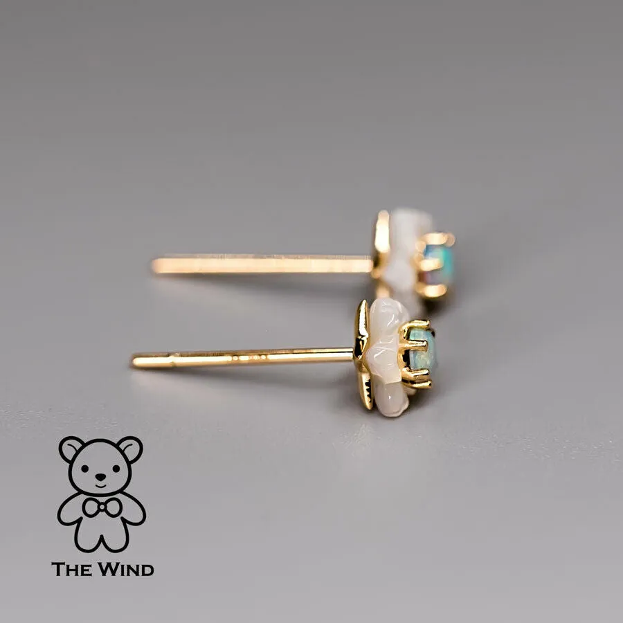 Small Flower Australian Solid Opal & Mother of Pearl Stud Earrings 18K Yellow Gold