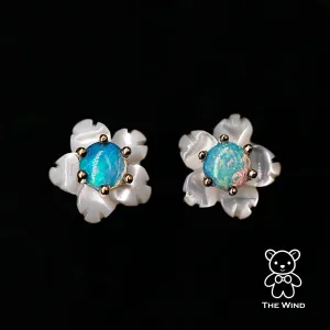 Small Flower Australian Solid Opal & Mother of Pearl Stud Earrings 18K Yellow Gold