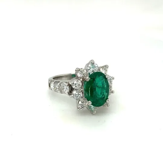 Solid White Gold Emerald and Natural Diamond Ring For Women