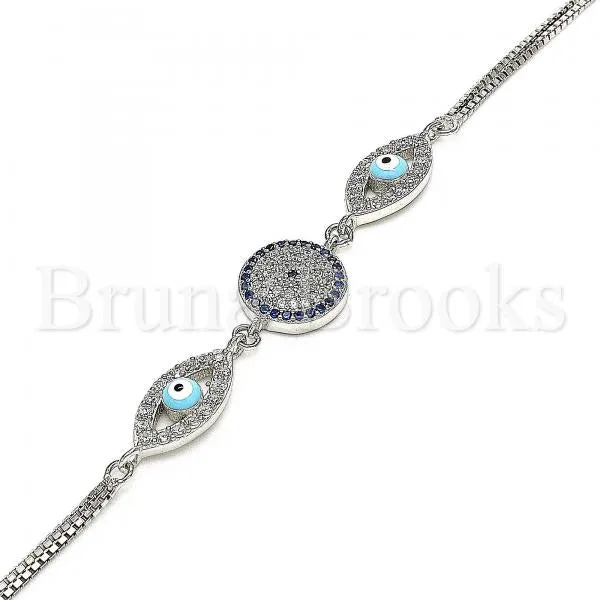Sterling Silver 03.286.0026.07 Fancy Bracelet, Greek Eye Design, with Sapphire Blue and White Cubic Zirconia, Turquoise Enamel Finish, Rhodium Tone