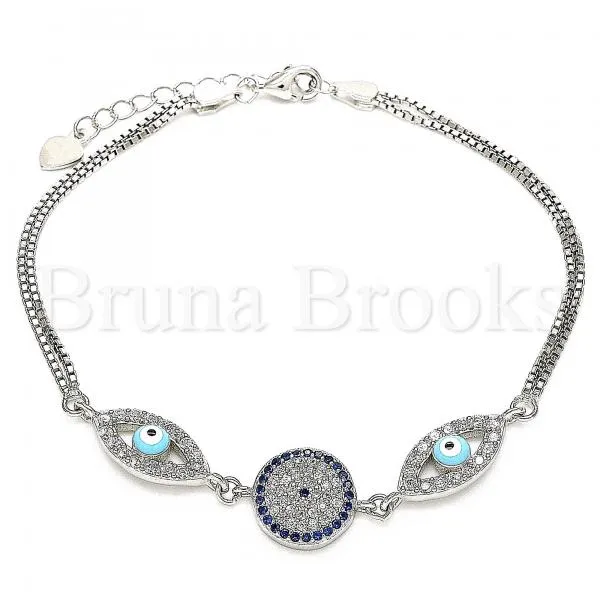 Sterling Silver 03.286.0026.07 Fancy Bracelet, Greek Eye Design, with Sapphire Blue and White Cubic Zirconia, Turquoise Enamel Finish, Rhodium Tone